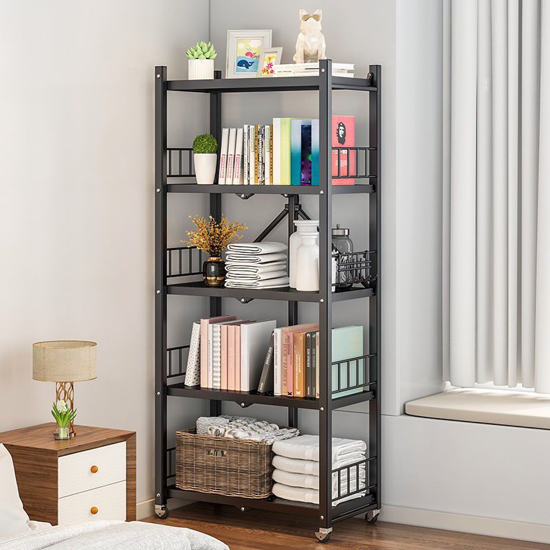 Foldable Bookcase Open Back Bookshelf with Casters for Study Room Office