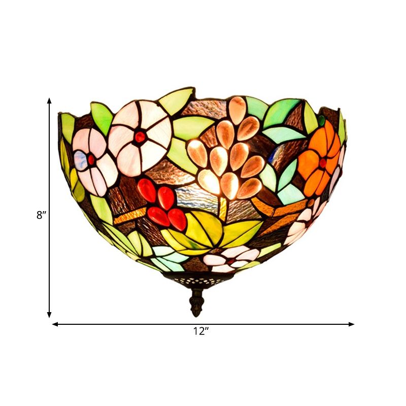 2/3 Lights Flower Ceiling Lighting Tiffany Brass Metal Flush Mount Light for Hallway, 12"/16" Wide