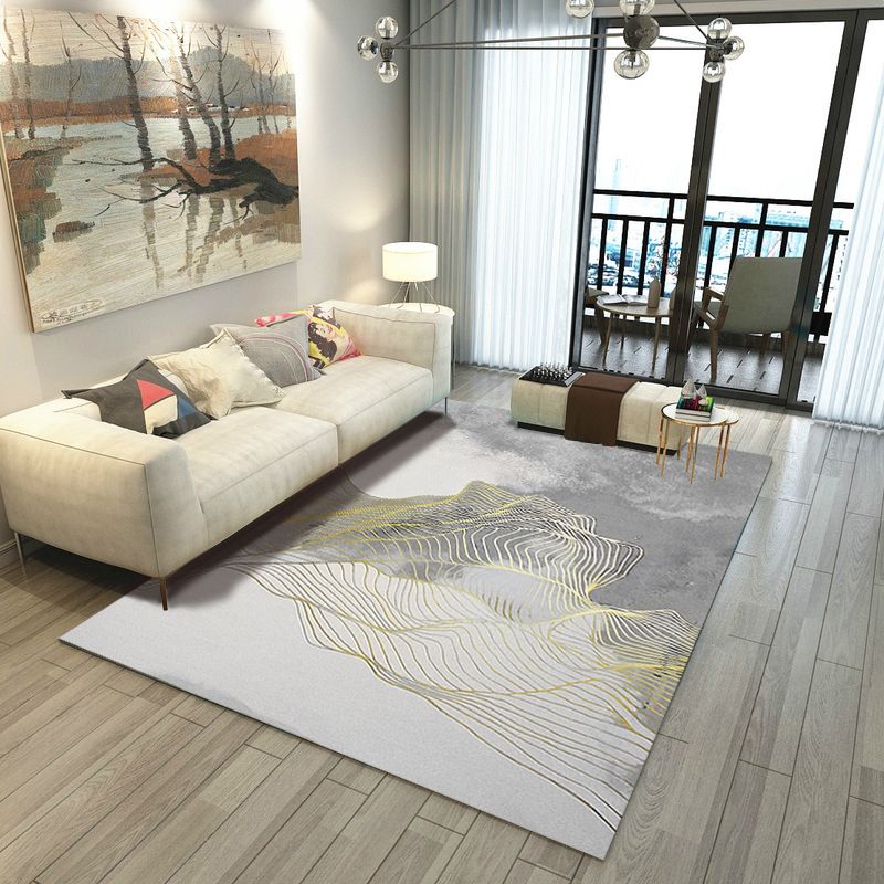 Simple Abstract Striped Pattern Rug Golden and Grey Polyester Rug Non-Slip Washable Carpet for Bedroom