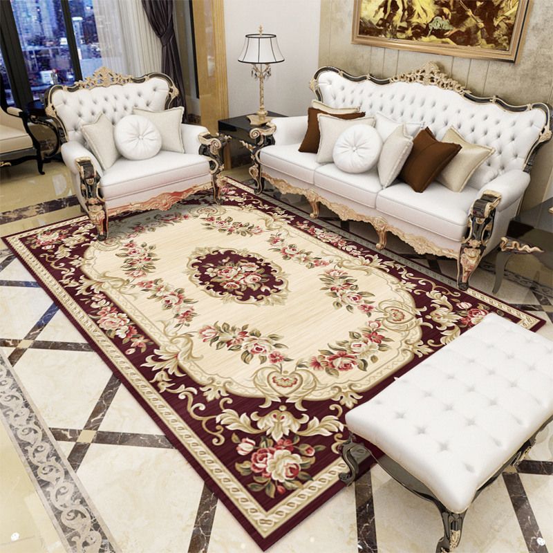 European Living Room Area Carpet Floral Pattern Polyester Area Rug Anti-Slip Easy Care Rug
