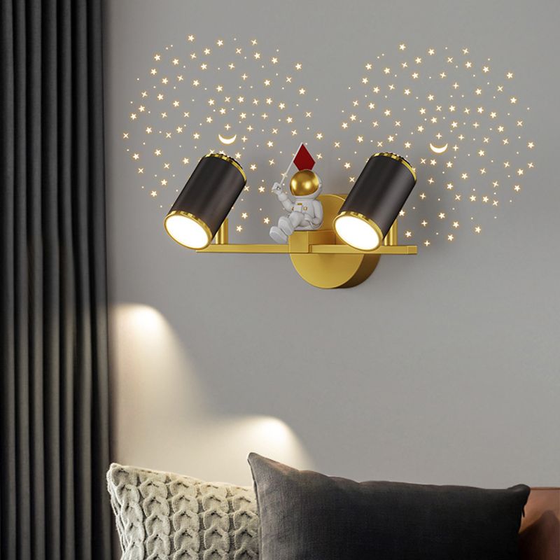 Kids Astronaut Wall Lamp Metal Sconce Lighting in Black and Gold for Bedroom