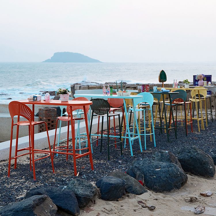 Industrial Outdoor Oval Bar Dining Table Metal Bar Table with Trestle Base