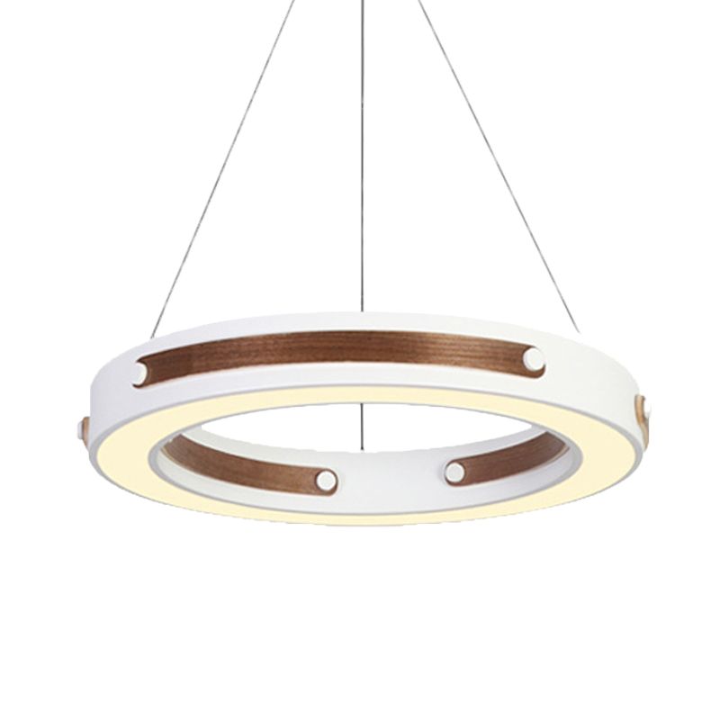 Iron Round Hanging Lighting Modernist LED White Pendant Ceiling Lamp with Wood Detail in Warm/White Light, 21.5"/27.5" Dia