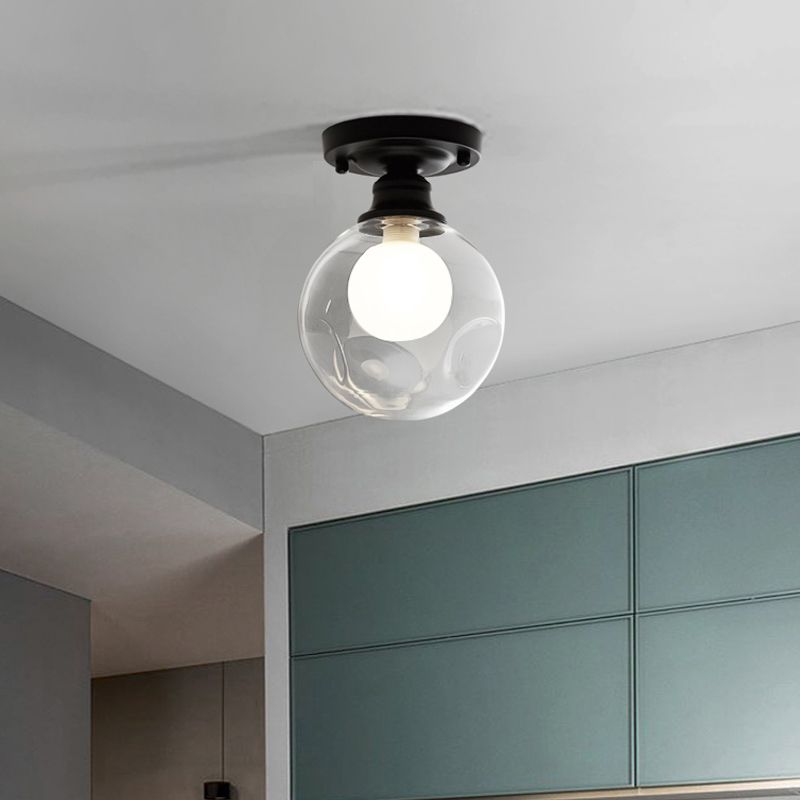 1-Light Corridor Flush Light Fixture Modern Black Flush Mount Lighting with Globe Dual Glass Shade