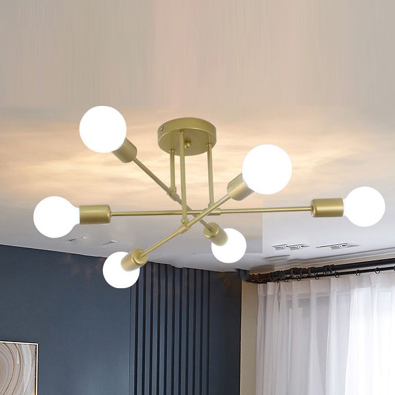 6-Lights Bare Bulb Design Ceiling Light 26.7" Wide Industrial Style Metal Semi Flush-mount Light for Dining Room