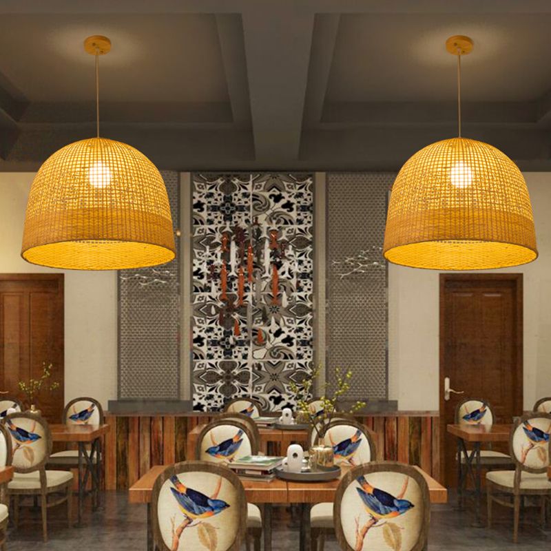 Beige Domed Pendant Lamp Japanese 1 Bulb Bamboo Hanging Ceiling Light for Teahouse