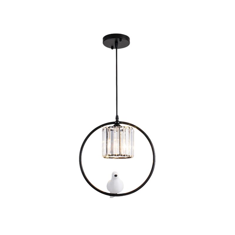 Black/Gold Hoop Pendulum Light Modern Iron 1 Head Living Room Drop Pendant with Bird and Cylinder Crystal Shade