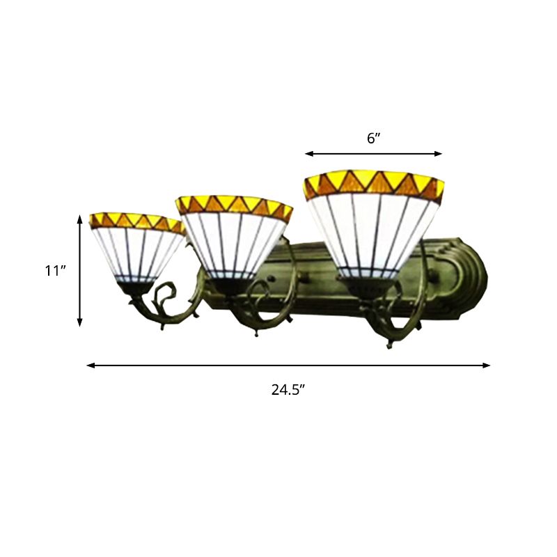 White Shuttlecock Wall Light with Yellow Edge 3 Lights Tiffany Wall Lamp for Living Room