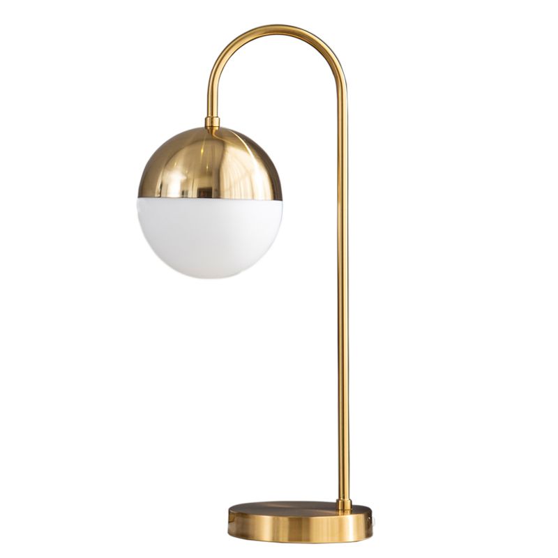 Lámpara de mesa de cuello de cabello dorado Luz de la mesita de vidrio blanco de 1 luz con sombra de pelota