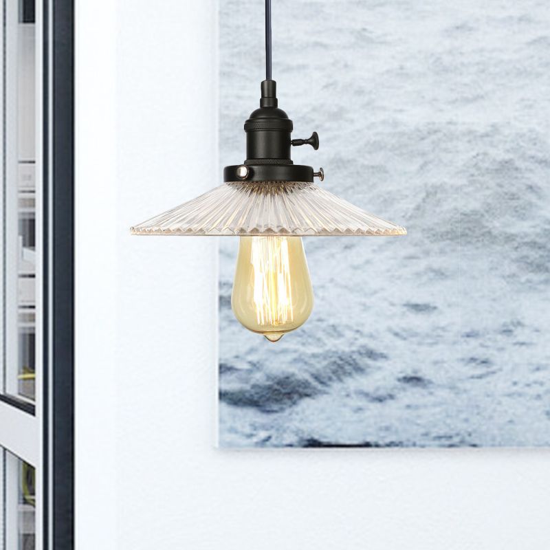 Saucer Pendant Lighting Vintage Stylish Clear Ribbed Glass 1 Head Black/Bronze/Brass Ceiling Fixture for Coffee Shop