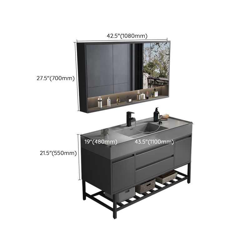 Single Sink Grey Vanity Shelving Included Mirror Rectangle Vanity with 2 Drawers