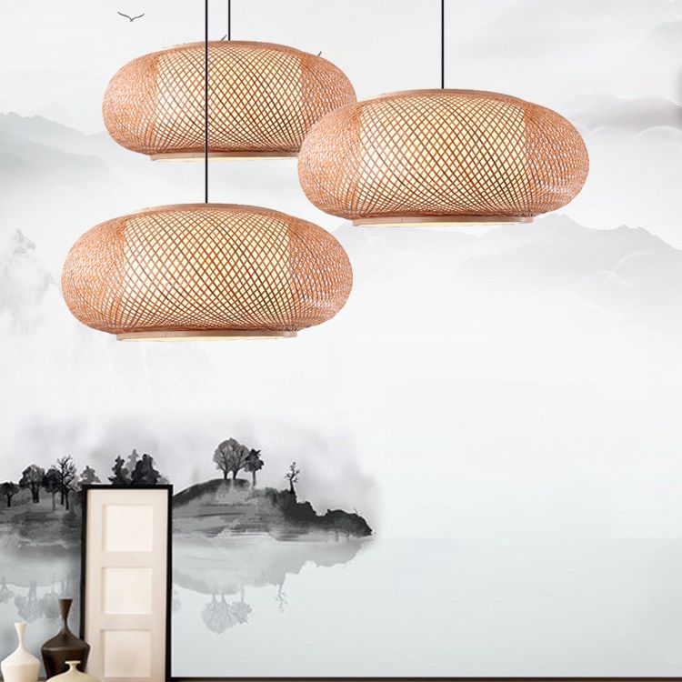 Farmhouse Natural Bamboo Pendant Lighting 1 Light Round Drum Dining Room Hanging Lamp in Beige