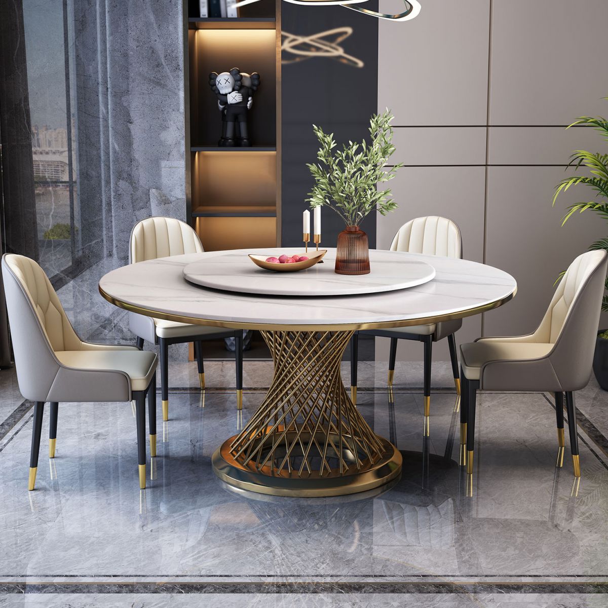 Metal Mesa de comedor redondo de lujo de metal Mesa de piedra sinterizada para cocina y comedor