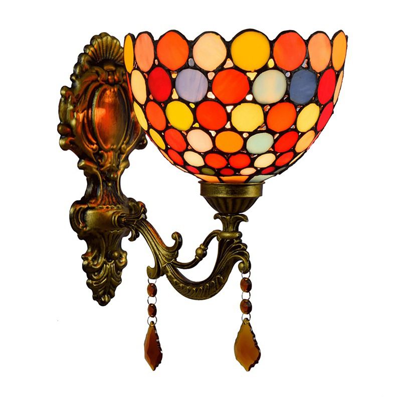 Stained Glass Circles Bowl Wall Light Tiffany Single-Bulb Brass Sconce Lighting Fixture with Drops