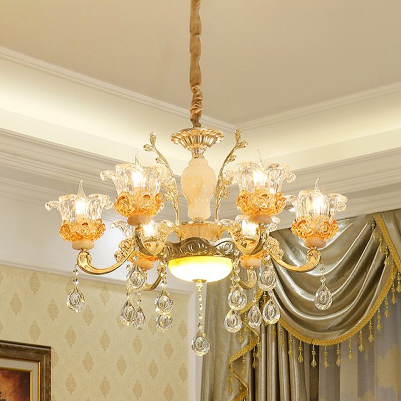 Sospensione del soggiorno floreale Lumo contemporaneo in vetro trasparente Crystal 6 lampadina lampadina in oro rosa