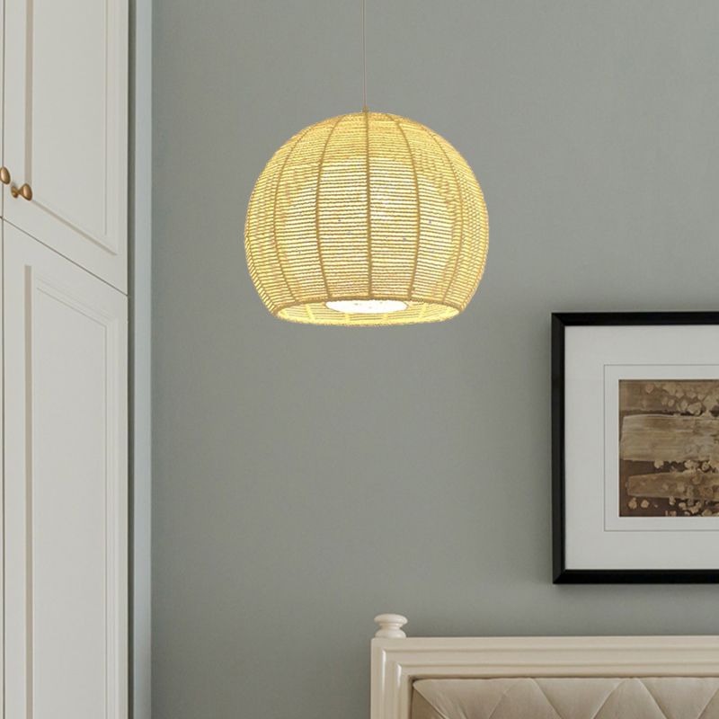 Beige/Flaxen Orb Hanging Light Rustic Rope Shade Single Pendant Lamp over Dining Table