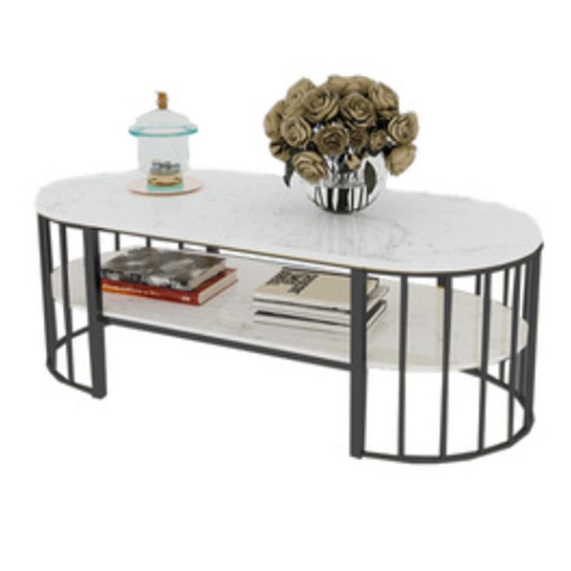 Glam Style Cocktail Table with Shelf and Stone Top and Steel Base