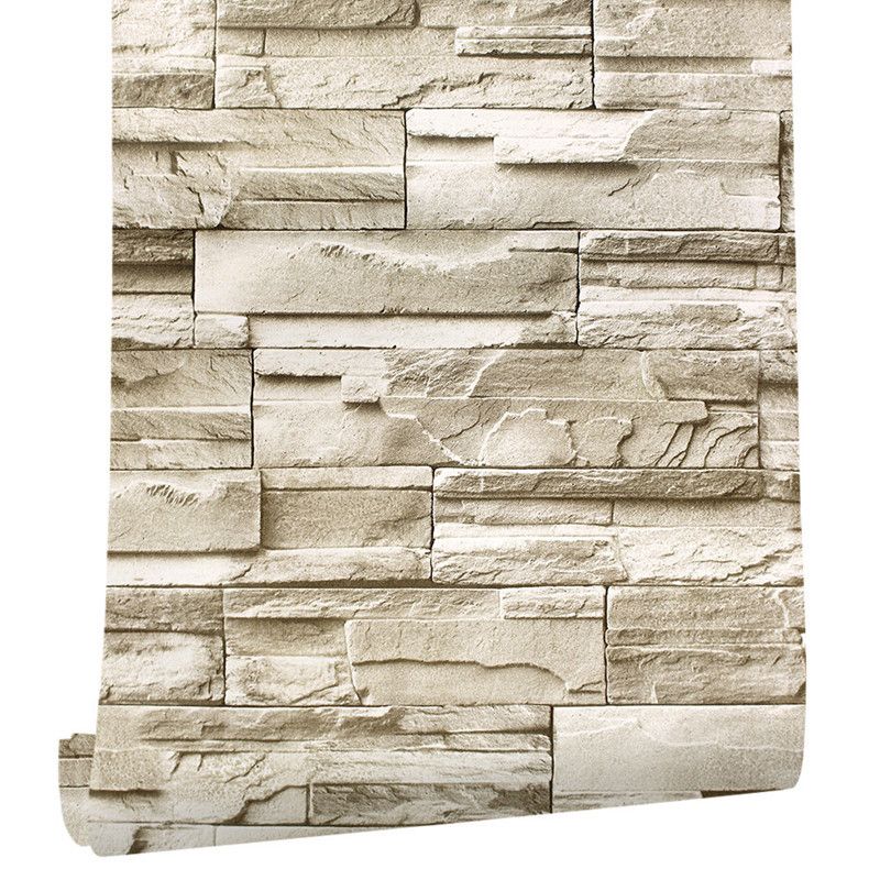 Rustic Brick Rock Wallpaper Roll PVC Self Sticking Light Brown Wall Covering for Bedroom