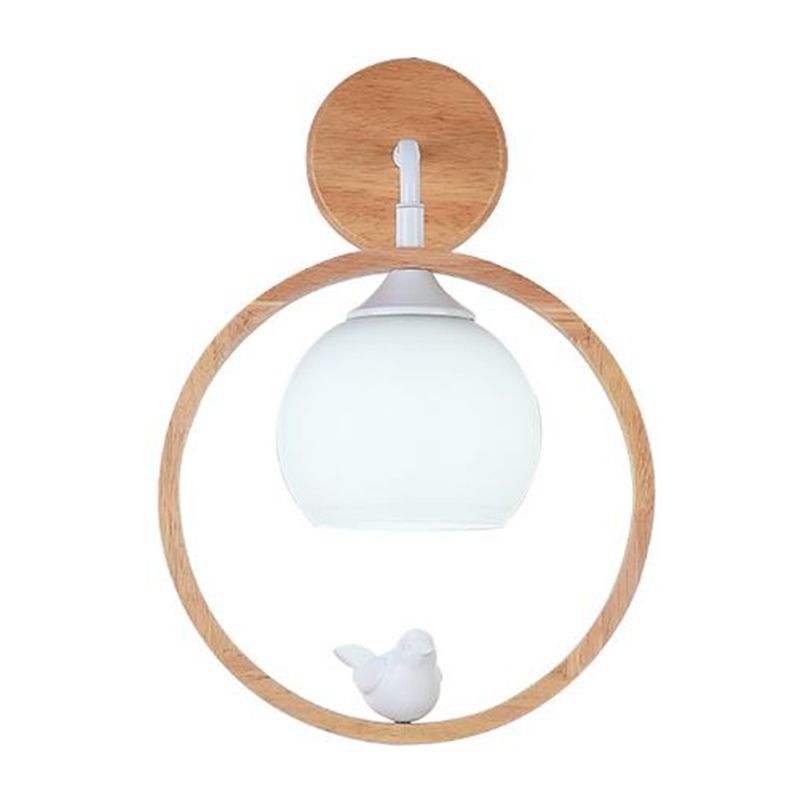 Modernism Wood Lighting Globe White Glass Shaded Wall Light for Foyer