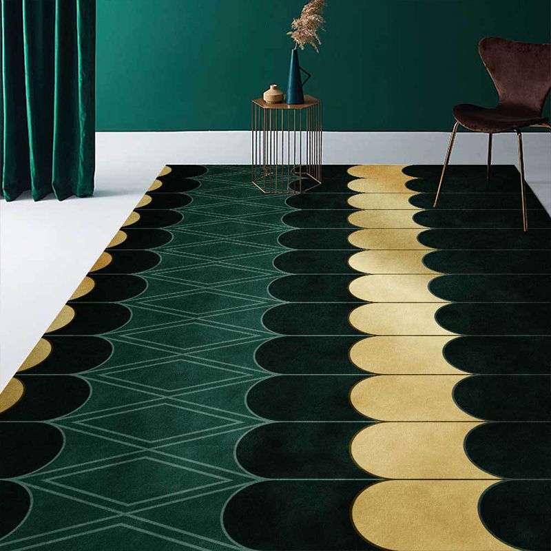 Funky Geometric Pattern Rug Golden and Green Simple Rug Polyester Washable Anti-Slip Backing Area Rug for Living Room