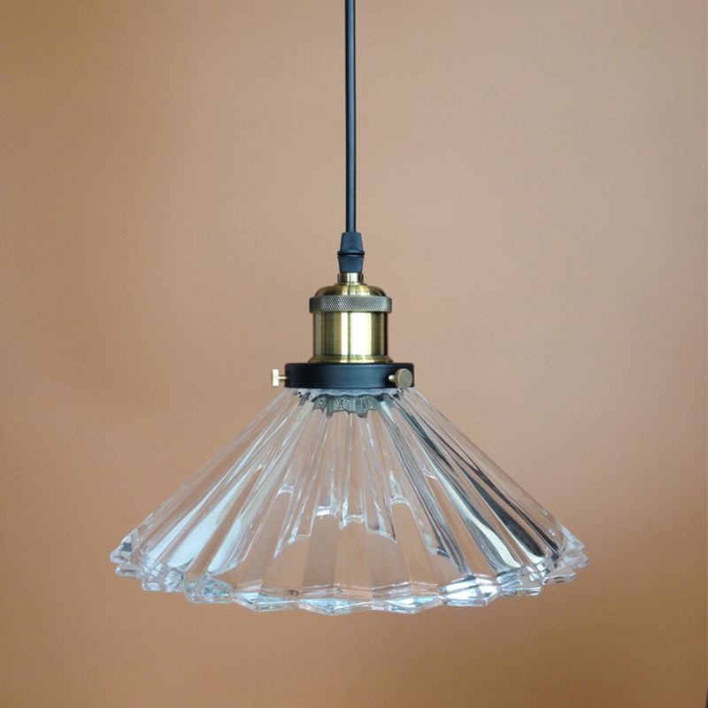 Conical Bedroom Small Suspension Lamp Rustic Clear Ribbed Glass Single Black Hanging Pendant Light