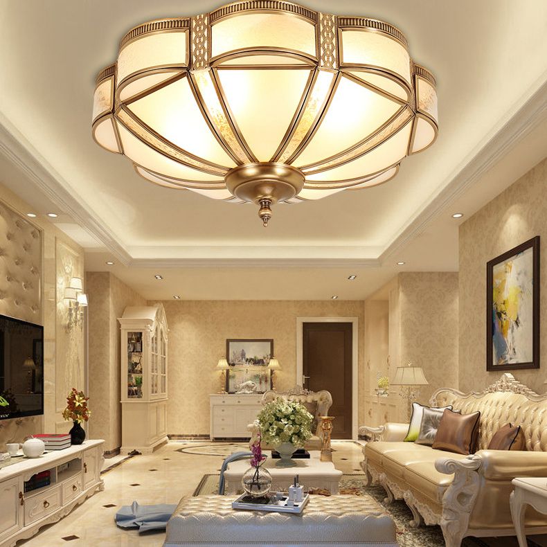 Style Colonial 1 Lumière Plafonnier En Cuivre Abat-Jour En Verre Blanc Plafonnier Chambre Salle À Manger