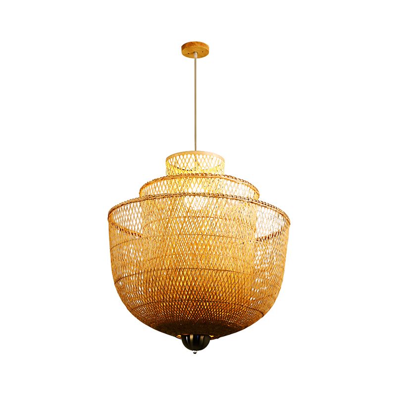 Layered Bamboo Suspension Lighting Minimalist 1 Head Wood Pendant Ceiling Light for Tea Room