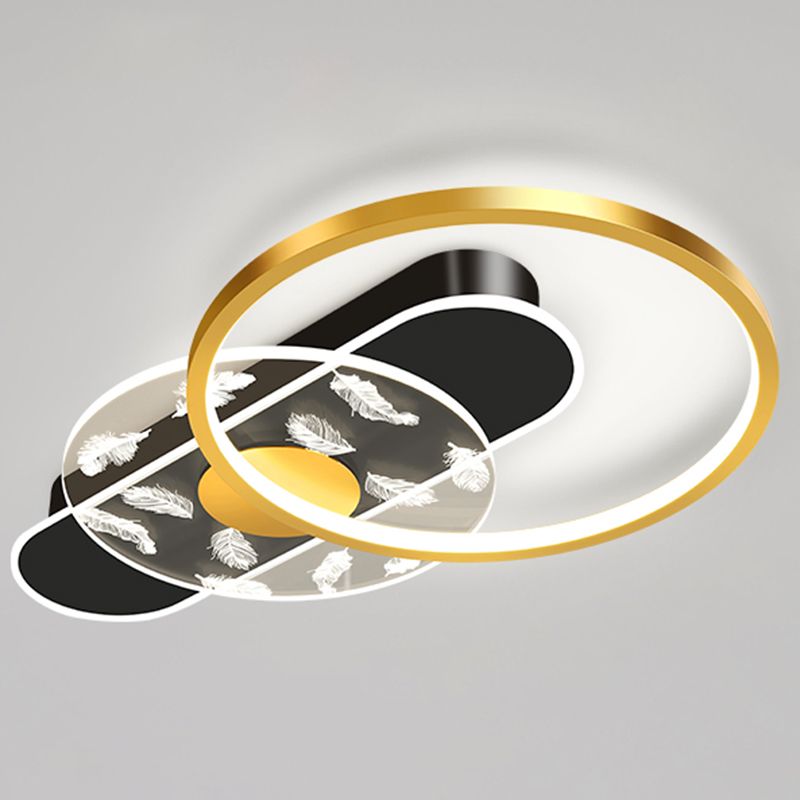Black and Gold LED Semi Flush Mount in Modern Concise Style Circular Feather Ceiling Light with Acrylic Shade