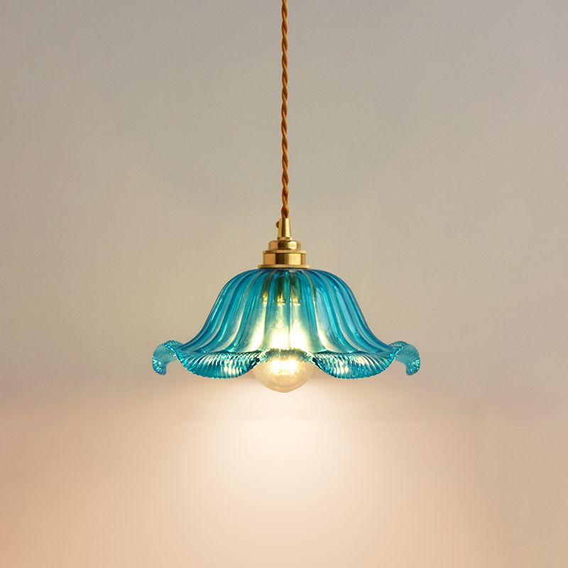 1-Light Ripped Shade Hanging Lamp, Contemporary Ribbed Glass Hanging Light