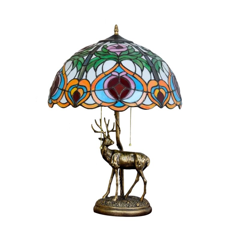 Cut Glass Yellow/Orange Night Light Hand-Worked Peach/Geometric 2-Light Tiffany Table Lamp with Elk Statue and Pull Chain Switch