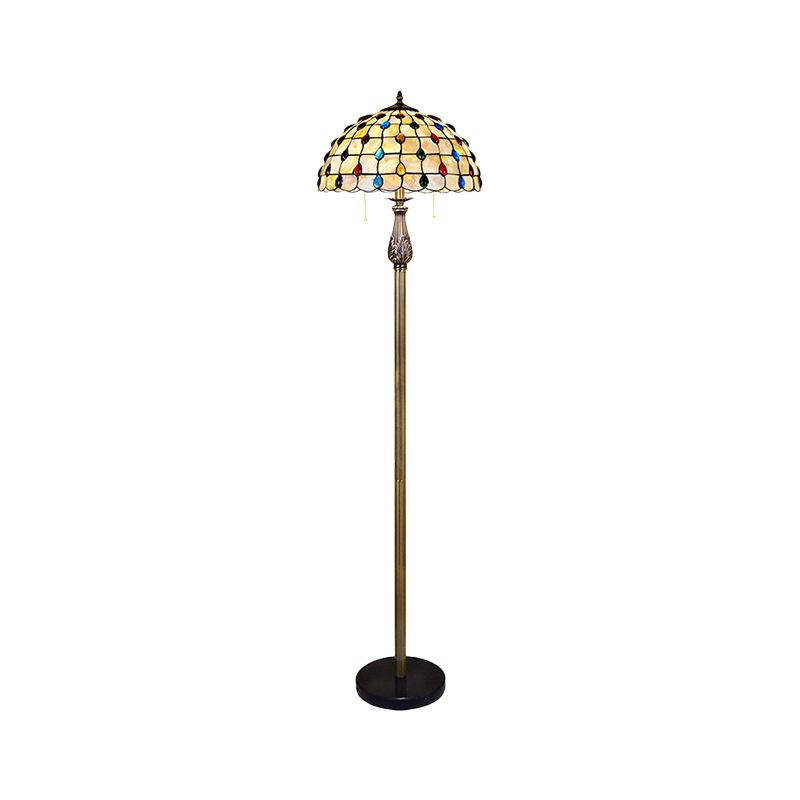 Luce del pavimento di lettura con perline di conchiglia Mediterranea 2 luci Luce al pavimento bianco con tonalità a cupola a griglia