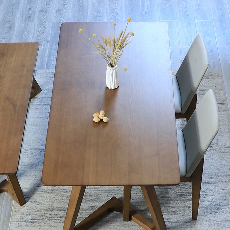 Modern Solid Wood Brown Dining Table Rectangle Shape Dining Table with Double Pedestal Bases