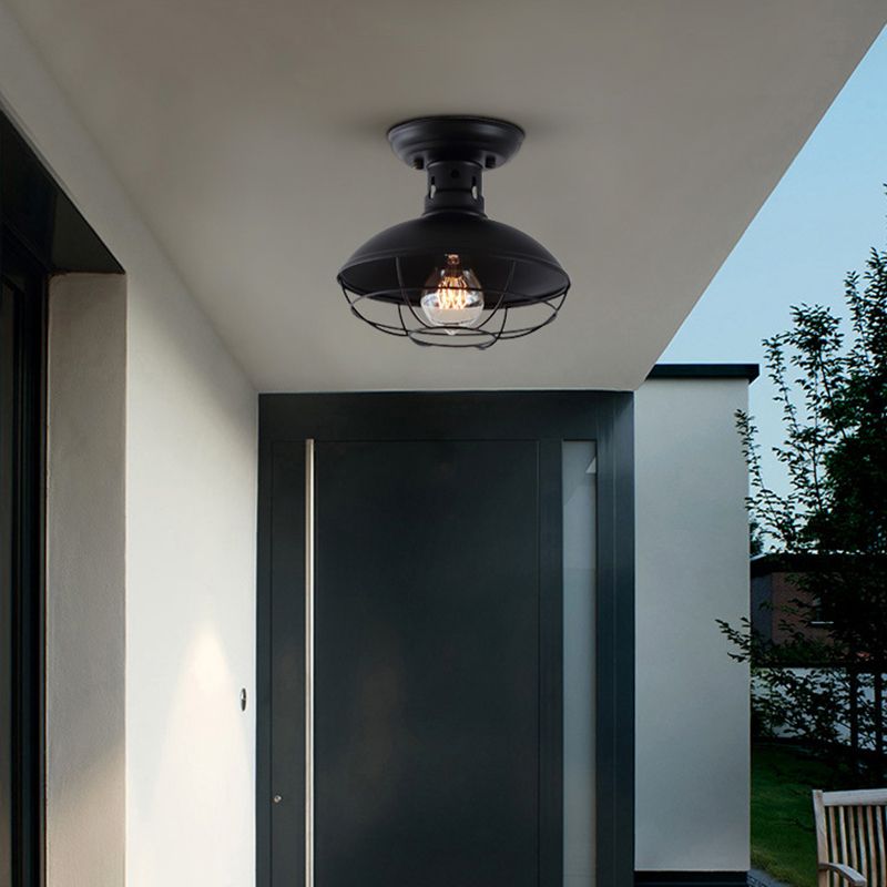 Wire Cage Ceiling Mounted Fixture Retro Style Black Metal Semi Flush Mount Light