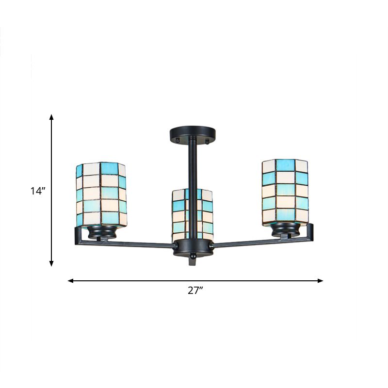 Stained Glass Black/White Semi Mount Lighting Cylinder 3/6/8 Lights Baroque Ceiling Mounted Light