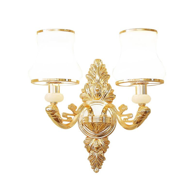 Gold Shaded Wall Lighting Simplicity Opal Glass Corridor Wall Light Fixture with Curved Arm