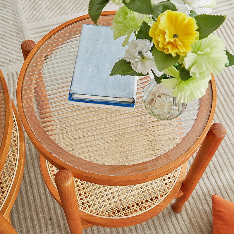 Modern 4 Legs Wood Base Glass Round Top Coffee Table for Apartment