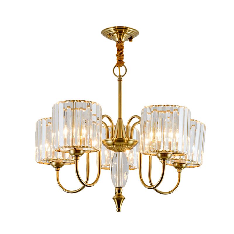 5 Lampen -Pendellicht mit Drum Shade Crystal Block Modernismus Esszimmer Deckenkraut in Gold