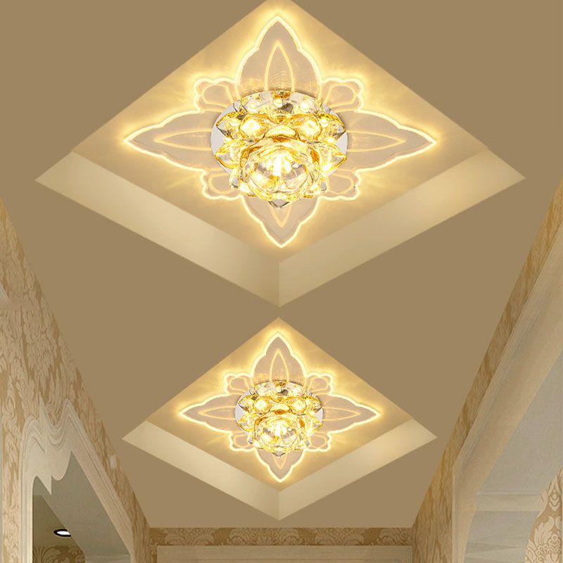 Modernism Blossom Flush Light Fixture LED Clear Crystal Ceiling Lighting with Leaf Edge, Warm/Multi Color Light