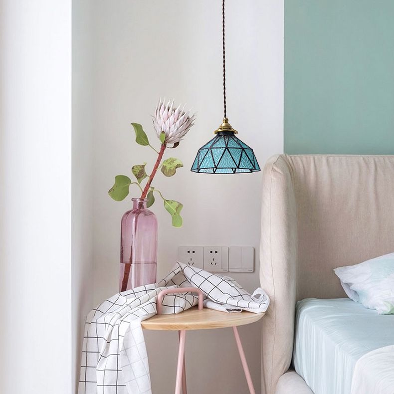 Bedroom Hanging Ceiling Light Tiffany Pendant Ceiling Light with Conical Stained Art Glass