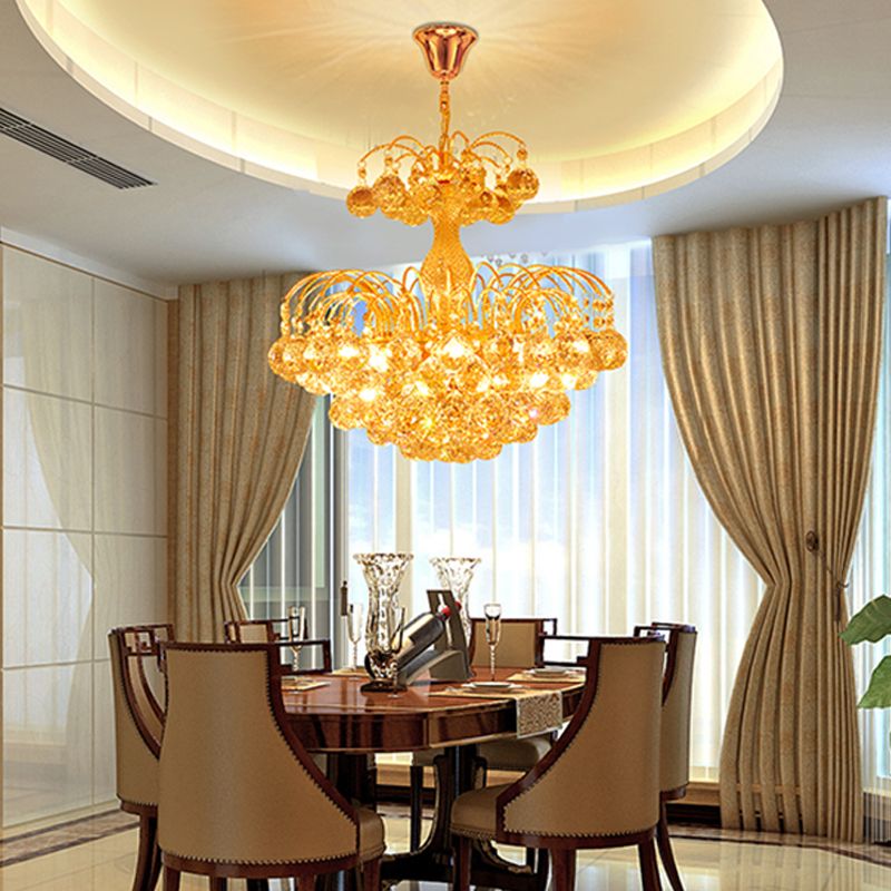 Modern 8 Lights Hanging Ceiling Light Chrome/Gold Cascade Chandelier Light with Faceted Crystal Ball Shade, 16"/19.5" Wide