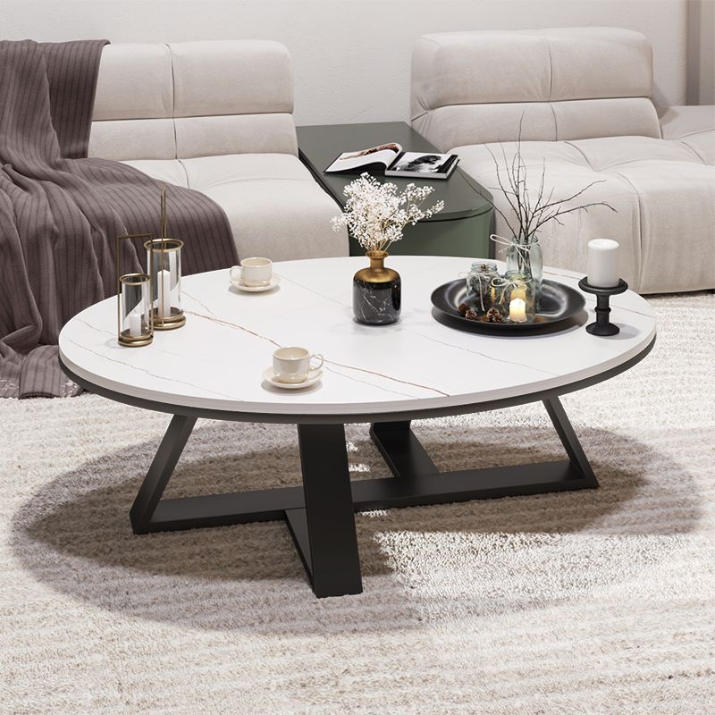 Glam Oval Stone Top Coffee Table with Iron Cross Base Cocktail Table