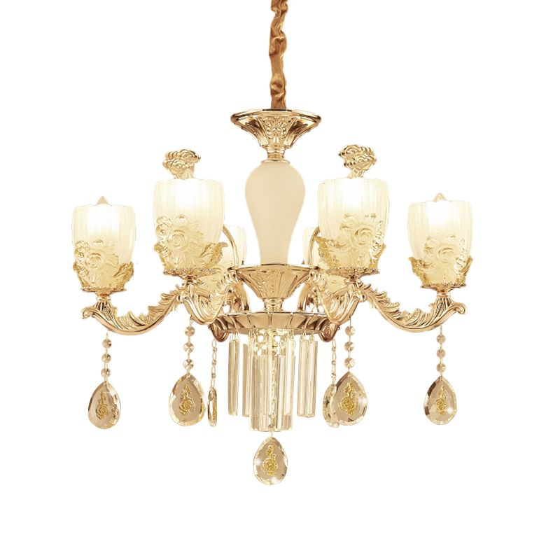 Frosted Glass Floral Chandelier Mid Century 6/8 Heads Bedroom Suspension Lamp in Gold with Crystal Draping