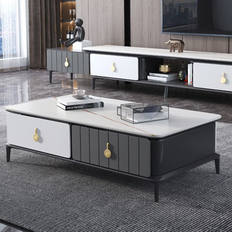 4 Legs Coffee Cocktail Table with Storage Drawers Modern Slate Top