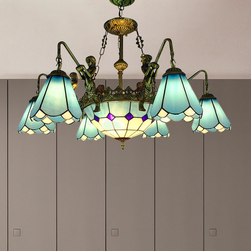 7/9 luci soggiorno lampadario Light Light Tiffany Bronzo Apparecchio di illuminazione a sospensione con cono Giallo/Blue Glass Shade
