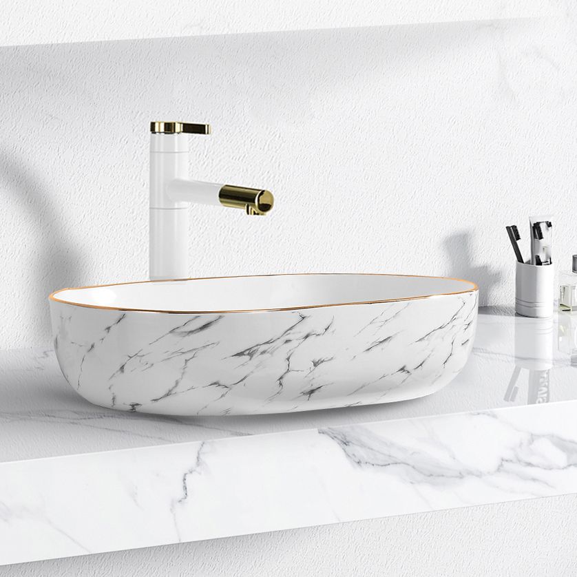 Contemporary Bathroom Sink Pop-Up Drain Porcelain Solid Color Rectangular Vessel