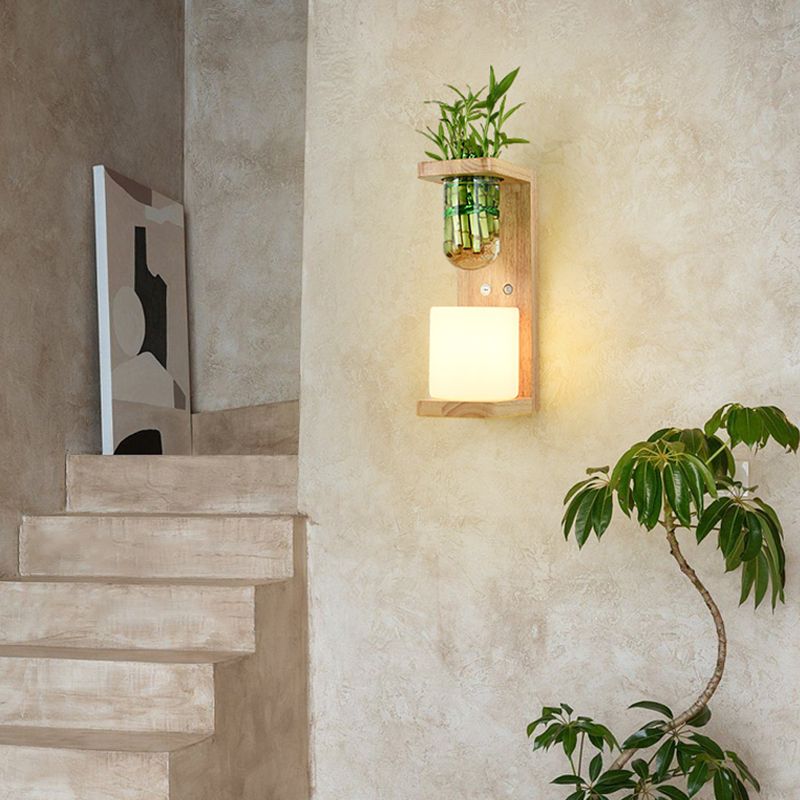 1-Light Wall Lamp Modern Wooden Shade Wall Lighting Fixtures without Plants