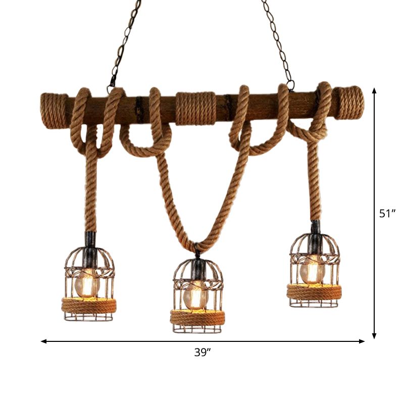 3 Bulbs Bird Cage Island Lighting Farmhouse Brown Iron Hanging Pendant with Rope and Wood Pole