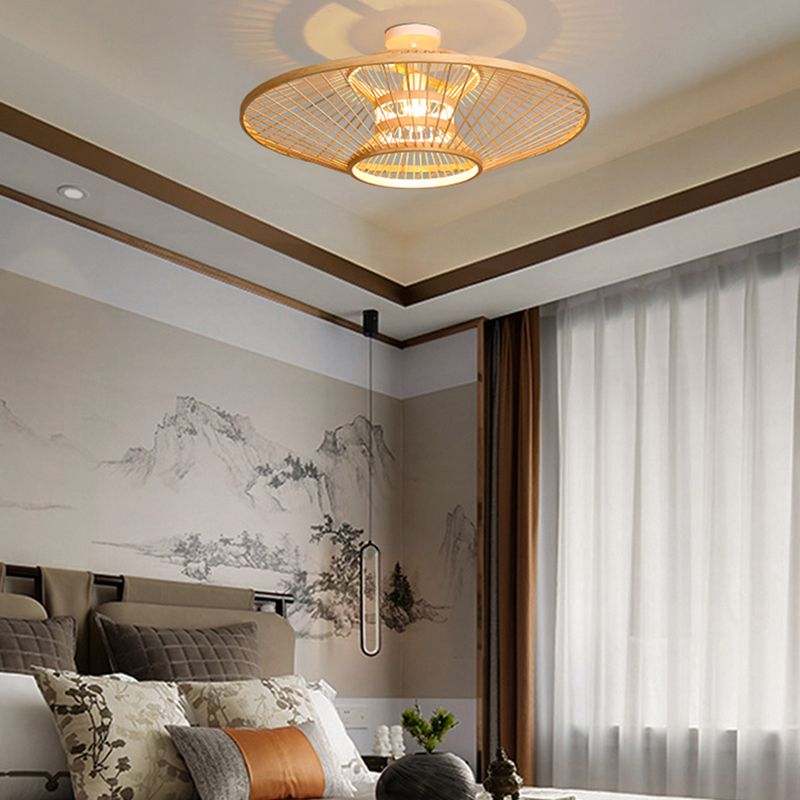 Round Shape Ceiling Lamp Asian Style Rattan 1 Light Flush Mount for Living Room