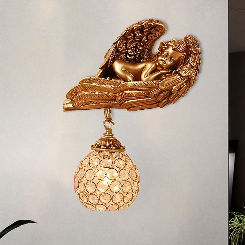 Sleeping Angel Hallway Wall Light Countryside Resin 1-Head Dark Gold Wall Mounted Lamp with Globe Faceted Crystal Shade, Left/Right