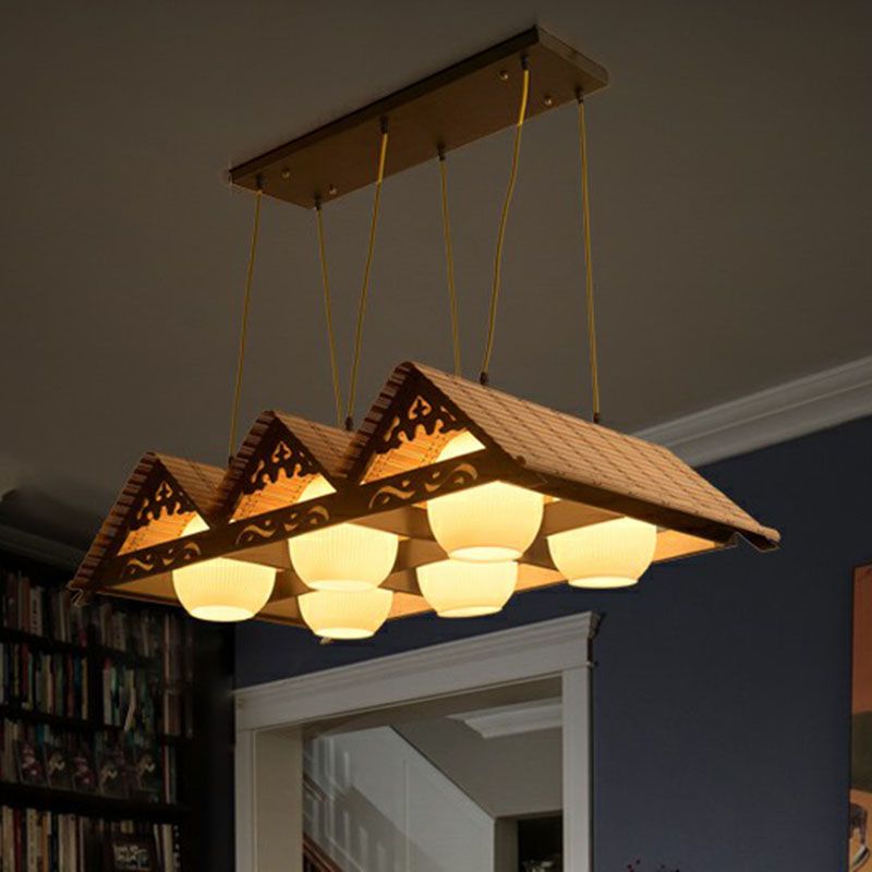 Triangle Roof Restaurant Suspension Light Bamboo Chinese Island Pendant Light Fixture in Wood